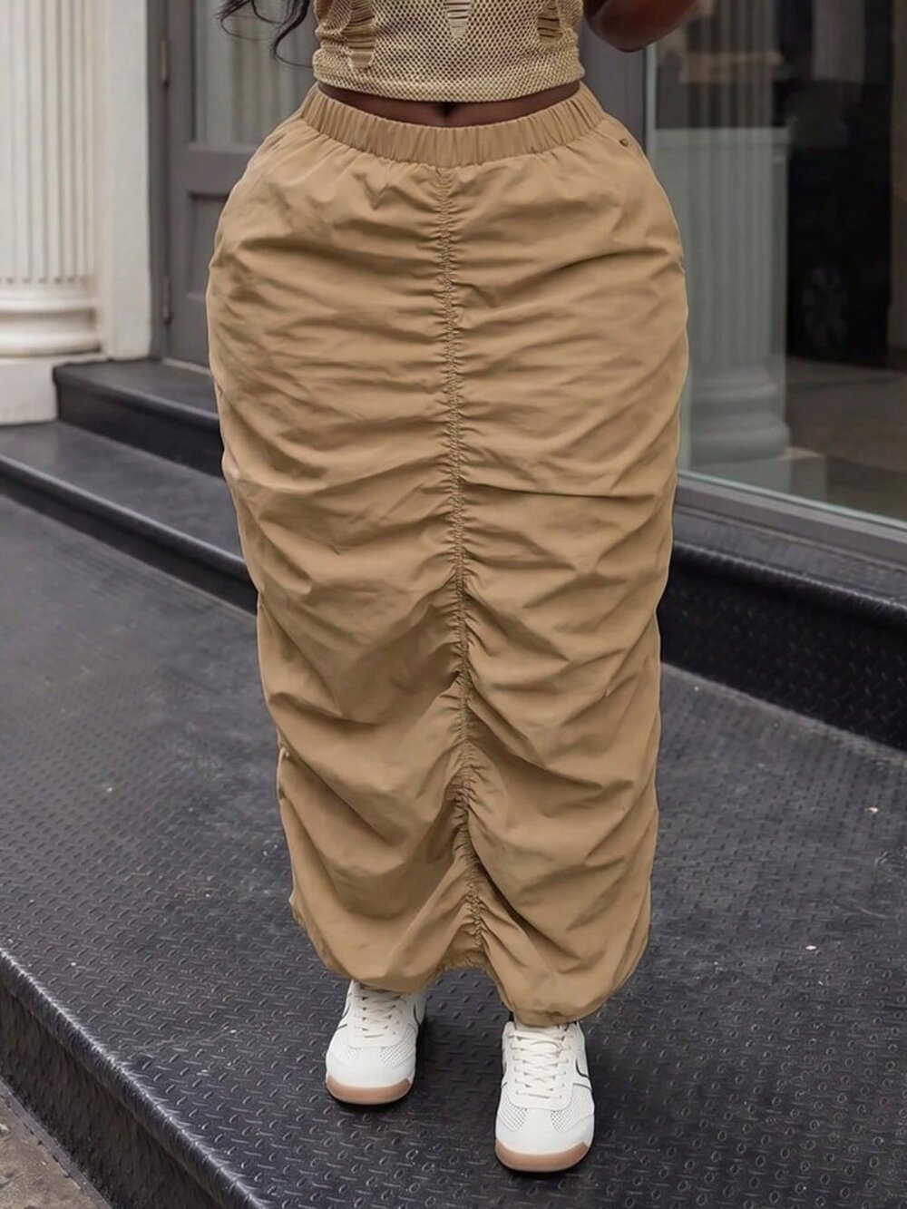 Khaki Casual Women's Plus Size Regular Fit Ruched High-Waist Long Maxi Skirt - Picture 9 of 10